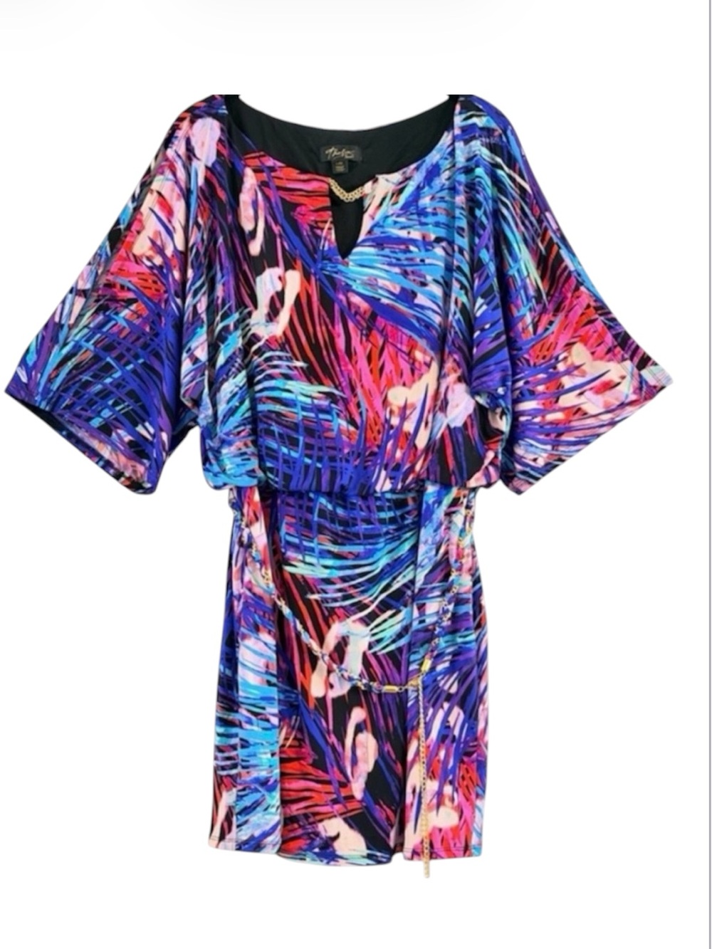 Thalia Sodi Tropical Palm Keyhole Mini Dress Gold Chain Accent & Belt Set Large